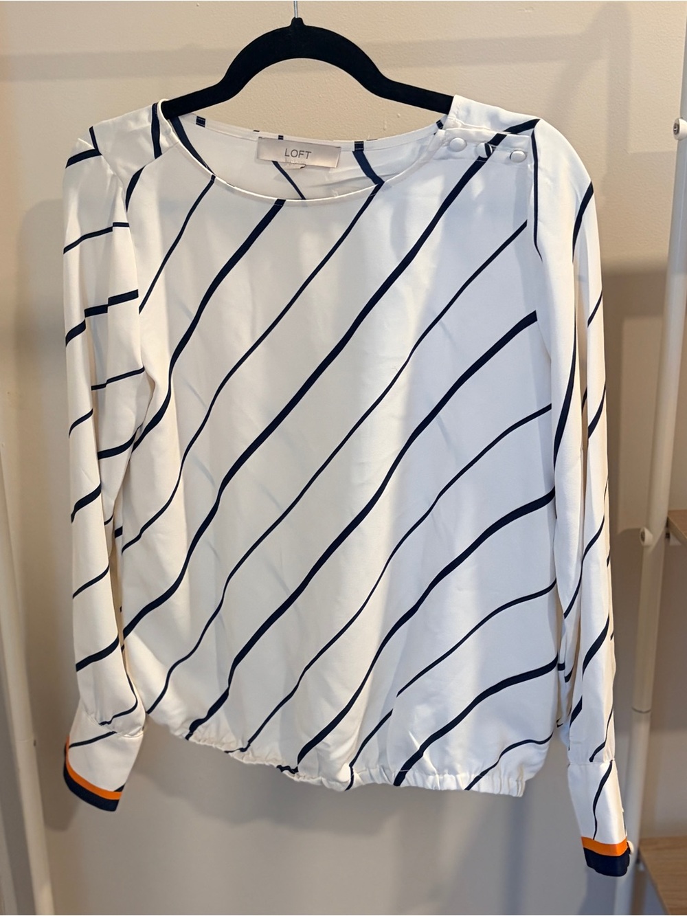 LOFT White and Navy Diagonal Stripe Long-Sleeve Blouse